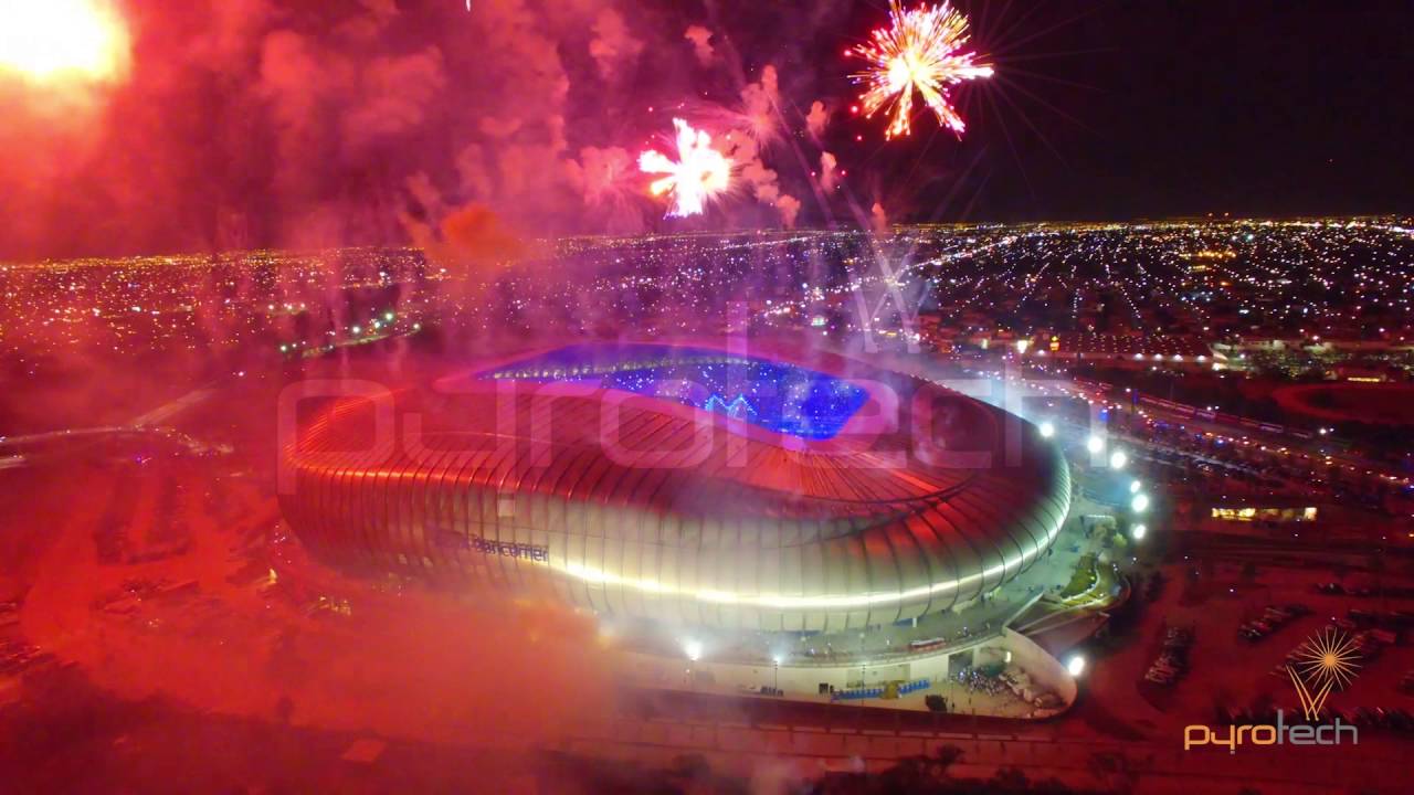 Pyrotechnic show during the opening of Rayados' Estadio BBVA in Monterrey, with a full crowd