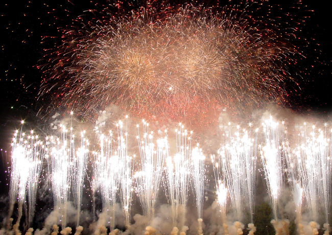 Aerial pyrotechnics lighting up the sky during a Pyrotech show