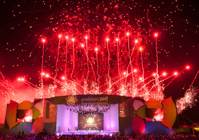 Pyrotechnics at the ribbon-cutting moment of a grand opening