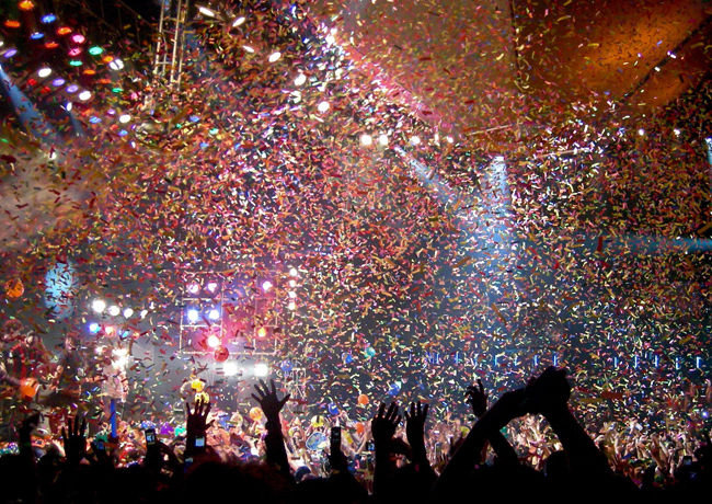 Stage pyrotechnics synced at a concert