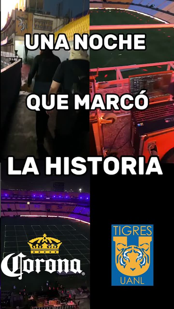 Estadio Universitario de noche durante la coronación de Tigres UANL, con los logotipos de Corona y Tigres